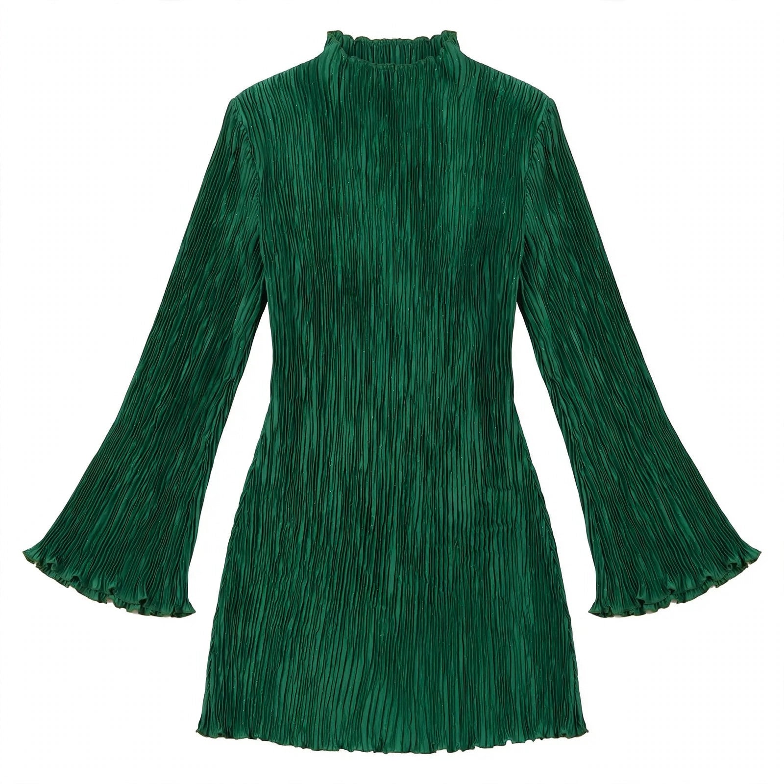 Lily Fairbank | Green Pleated Long Sleeve Mini Dress For Women