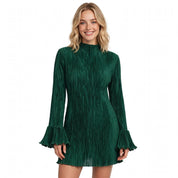 Lily Fairbank | Green Pleated Long Sleeve Mini Dress For Women