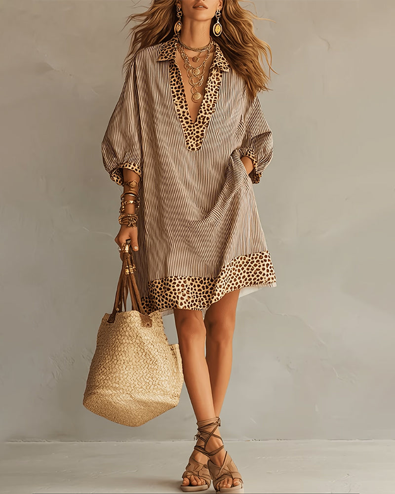 Lotte Brookwell | Brown Striped Leopard Trim Shirt Dress For Women