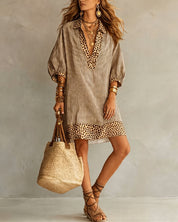 Lotte Brookwell | Brown Striped Leopard Trim Shirt Dress For Women