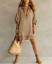 Lotte Brookwell | Brown Striped Leopard Trim Shirt Dress For Women