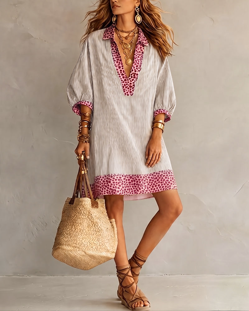 Lotte Brookwell | Brown Striped Leopard Trim Shirt Dress For Women