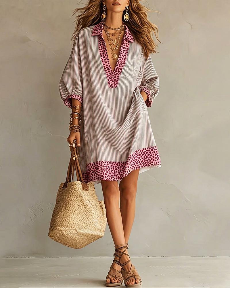 Lotte Brookwell | Brown Striped Leopard Trim Shirt Dress For Women