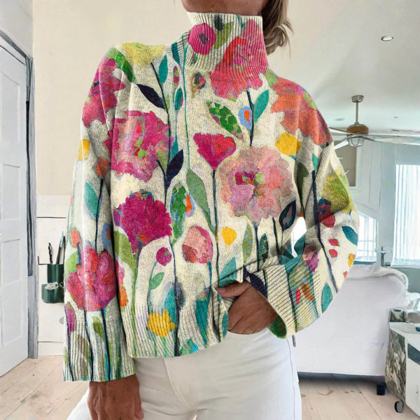 Valentina Moreau | Floral Turtleneck Knit Sweater For Women