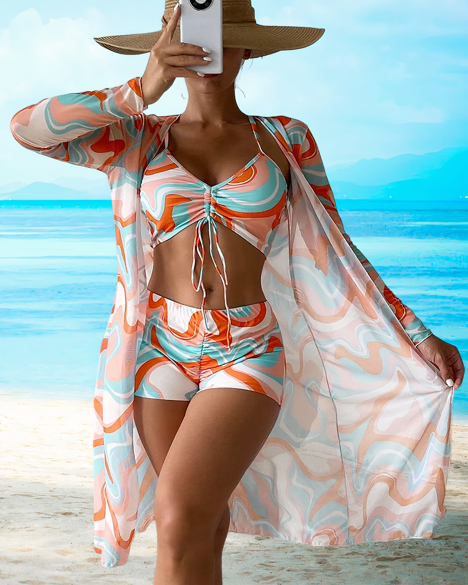 Matilda Rowe | Swirl Print Bikini Set With Cover-Up For Women