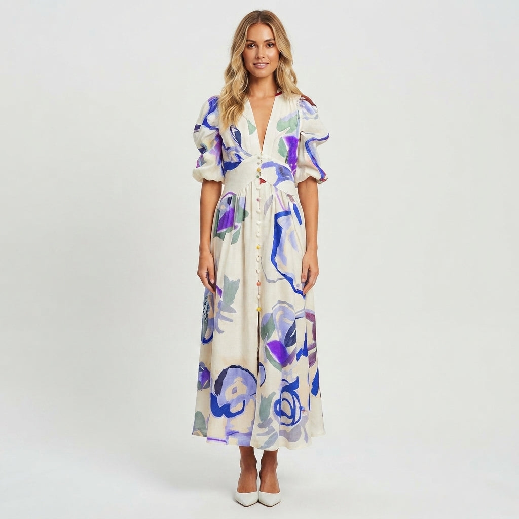 Matilda Young | Floral Summer Dress With V-Neck For Women