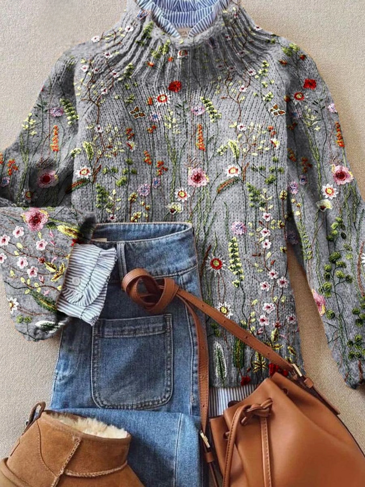 Elena Moreau | Floral Embroidered Mock Neck Sweater For Women