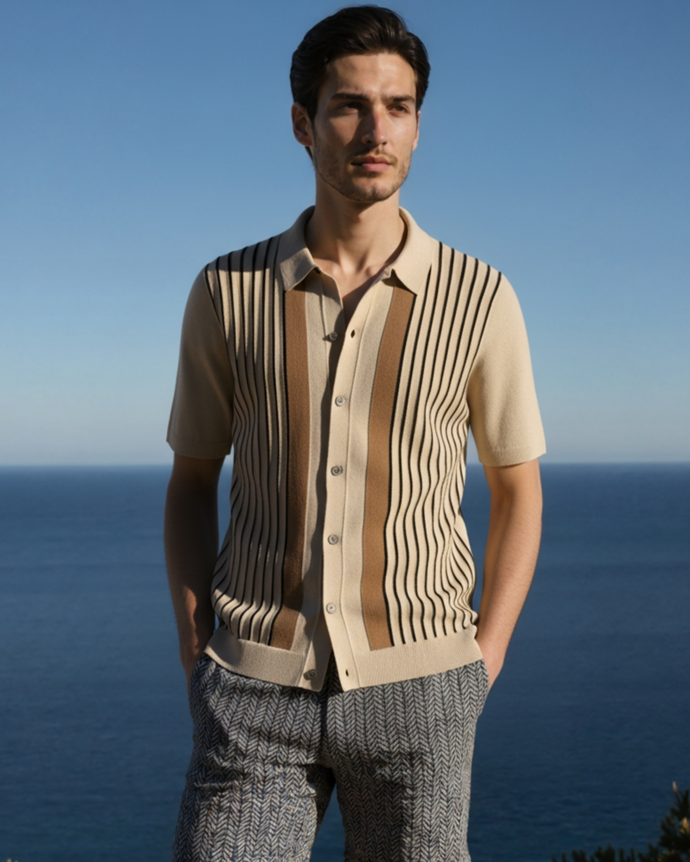 Enzo Moretti | Riviera Stripe Knit Polo with Statement Panels For Men