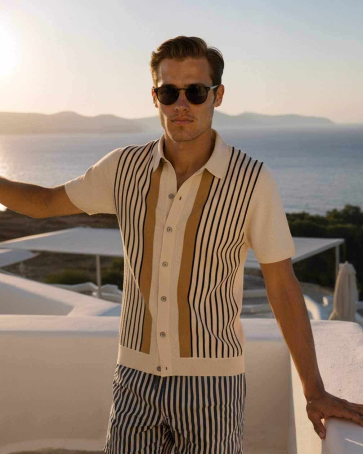 Enzo Moretti | Riviera Stripe Knit Polo with Statement Panels For Men