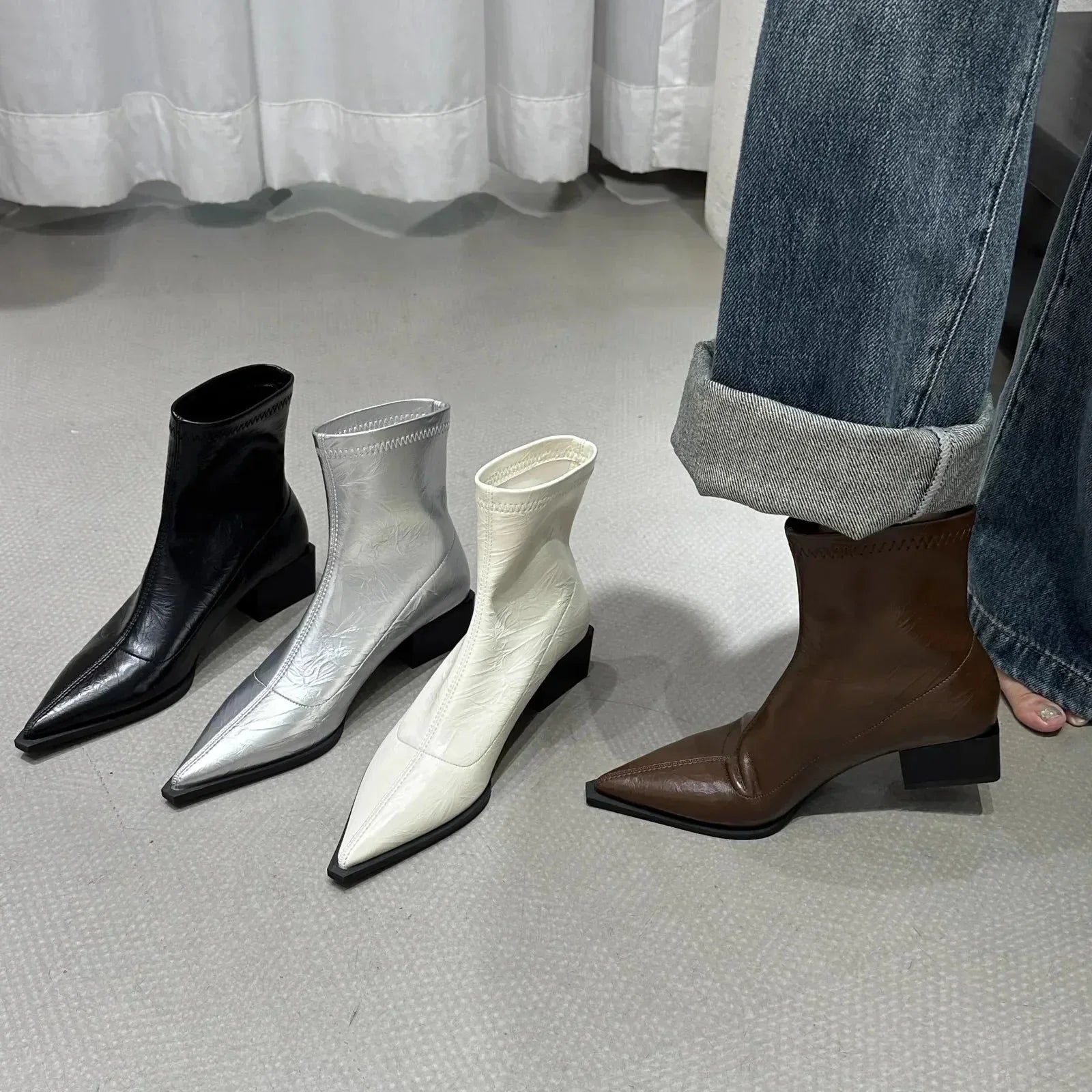 Celeste Laurent | Metallic Pointed Ankle Boots For Women