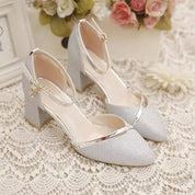 Ava Calloway | Silver Glitter Block Heel Sandals For Women