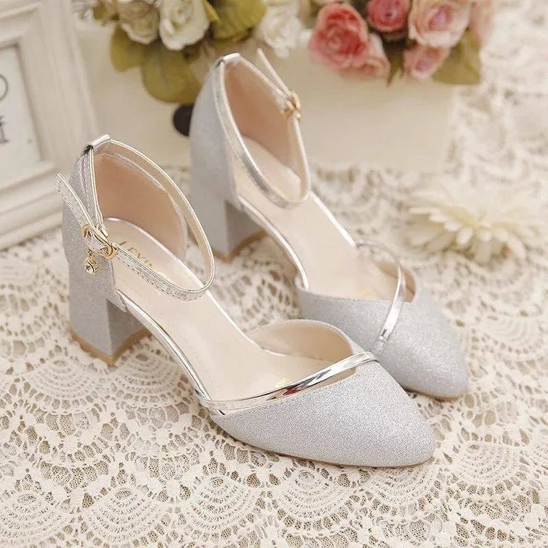Ava Calloway | Silver Glitter Block Heel Sandals For Women