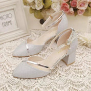 Ava Calloway | Silver Glitter Block Heel Sandals For Women