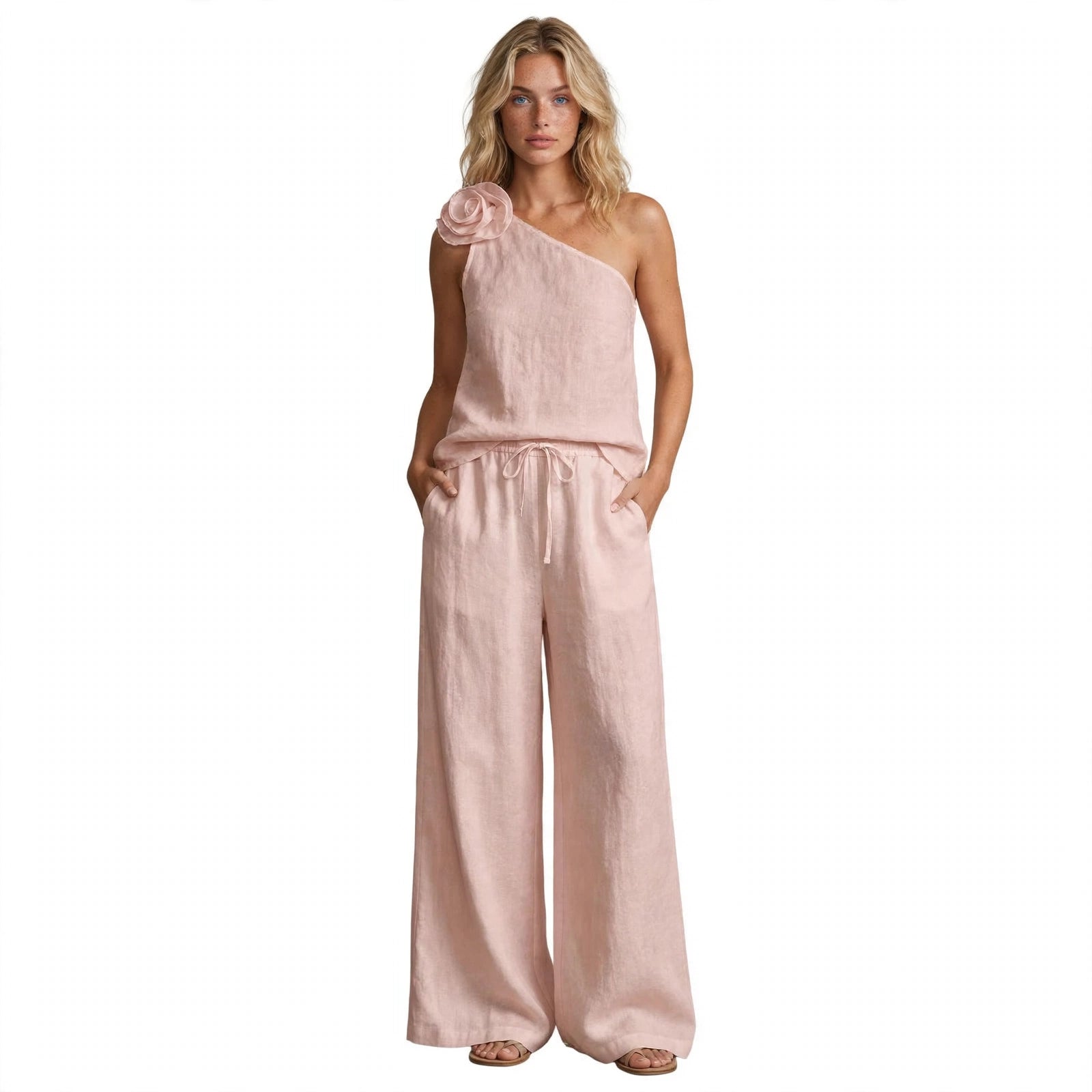 Nyah Dunstone | Pink One Shoulder Rosette Pants Set For Women