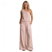 Nyah Dunstone | Pink One Shoulder Rosette Pants Set For Women