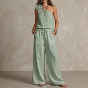 Nyah Dunstone | Pink One Shoulder Rosette Pants Set For Women