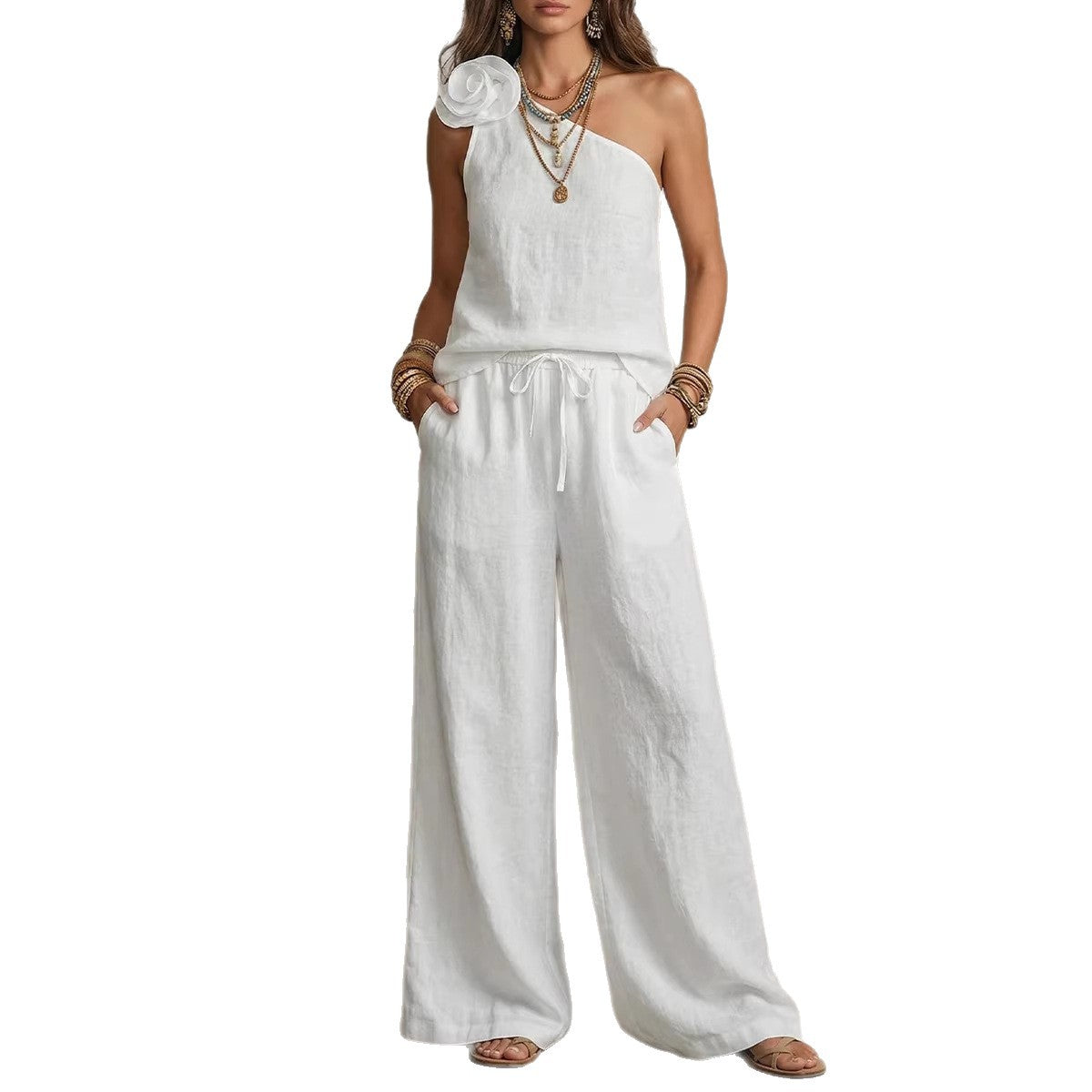 Nyah Dunstone | Pink One Shoulder Rosette Pants Set For Women