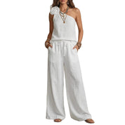 Nyah Dunstone | Pink One Shoulder Rosette Pants Set For Women