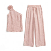Nyah Dunstone | Pink One Shoulder Rosette Pants Set For Women