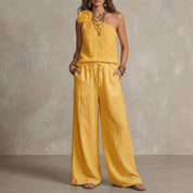Nyah Dunstone | Pink One Shoulder Rosette Pants Set For Women