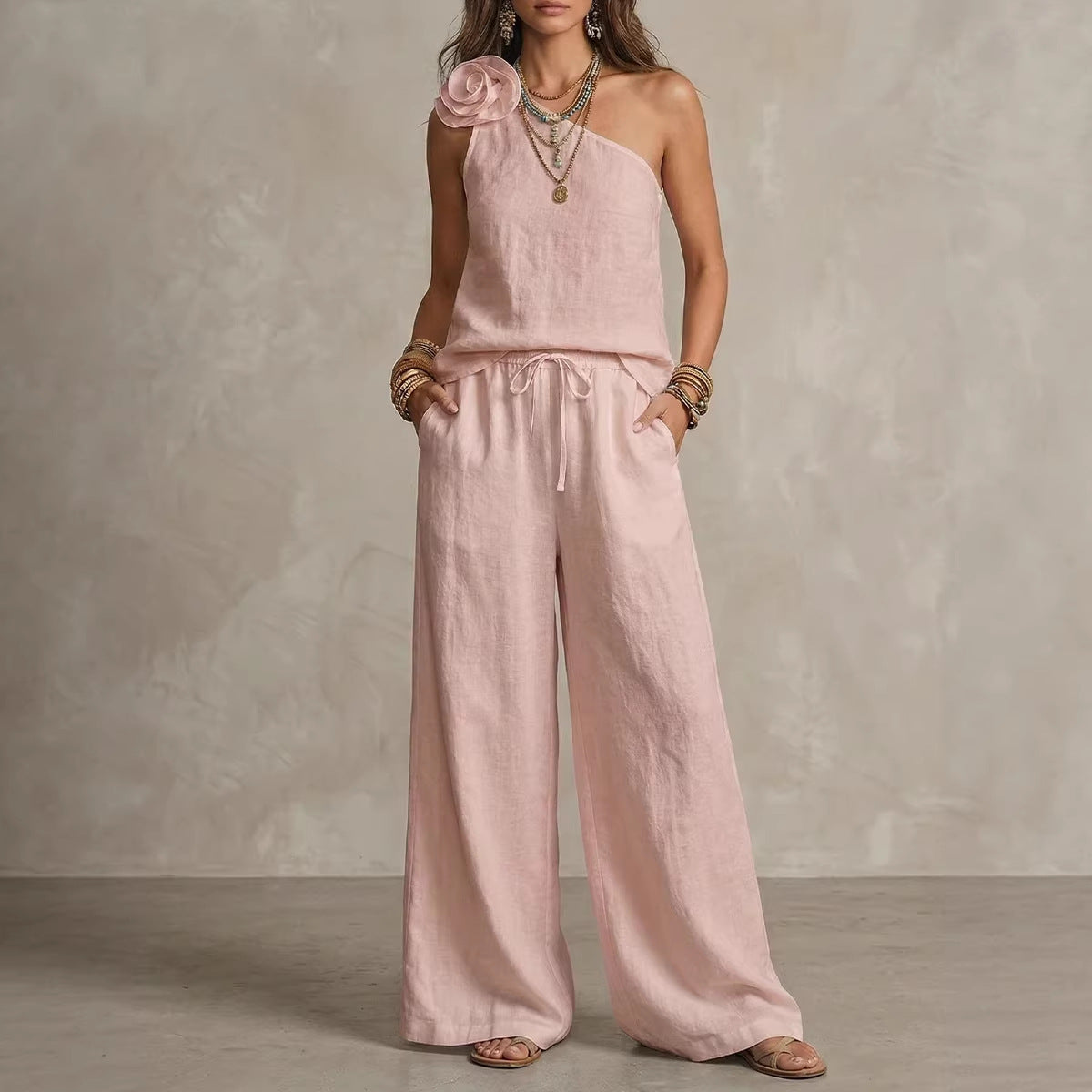 Nyah Dunstone | Pink One Shoulder Rosette Pants Set For Women