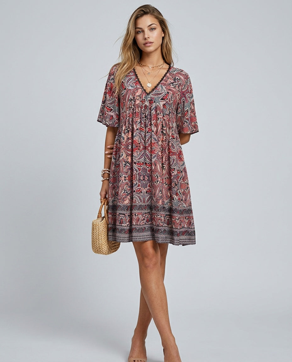 Brooke Flemming | V-Neck Flared Sleeve Paisley Mini Dress For Women