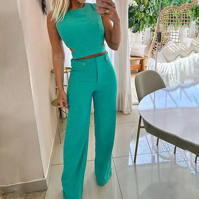 Olivia Strand | Teal Crop Top And Wide Leg Pants Set For Women