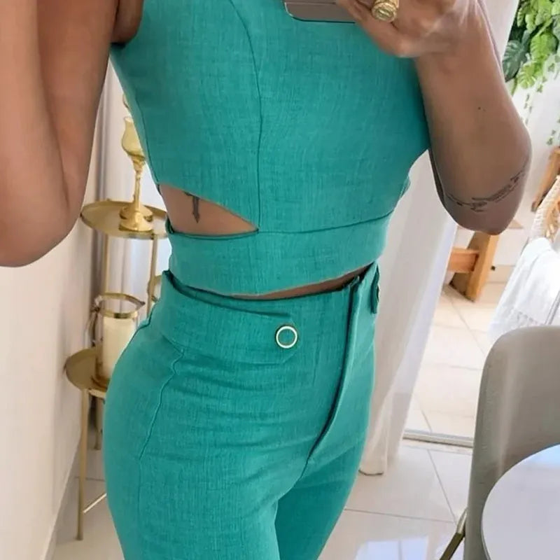 Olivia Strand | Teal Crop Top And Wide Leg Pants Set For Women