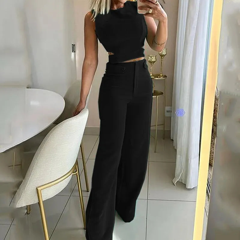 Olivia Strand | Teal Crop Top And Wide Leg Pants Set For Women