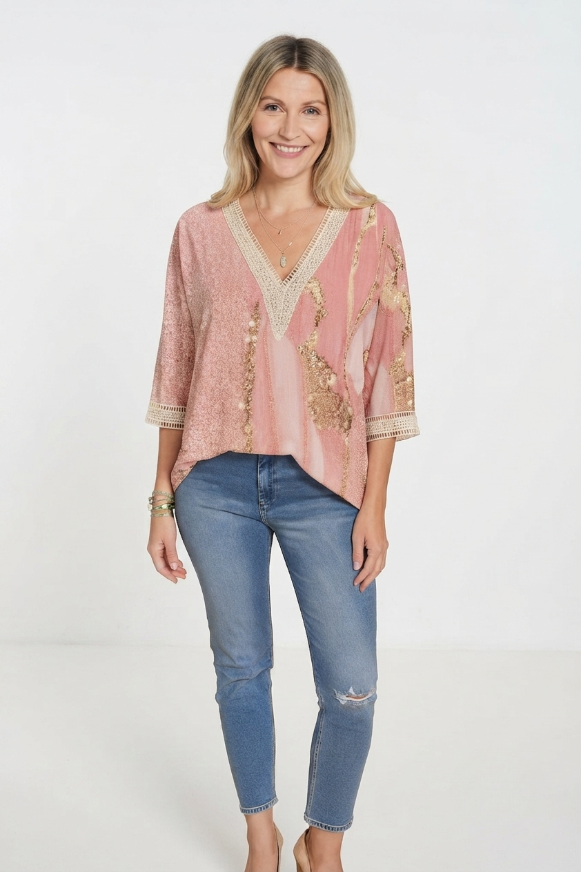 Olivia Sutherland | Romantic Rose & Gold Print Blouse For Women