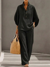 Ruby Fenton | Linen Batwing Sleeve Top and Wide-Leg Pants Set For Women