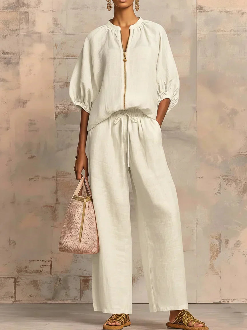 Hannah Castellan | Linen-Blend Shirt and Wide-Leg Pants Co-Ord Set For Women