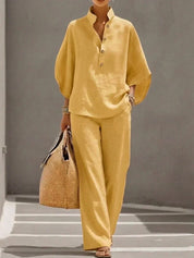 Ruby Fenton | Linen Batwing Sleeve Top and Wide-Leg Pants Set For Women