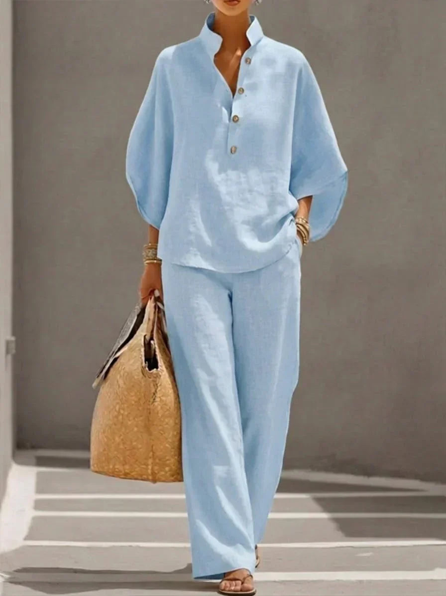 Ruby Fenton | Linen Batwing Sleeve Top and Wide-Leg Pants Set For Women