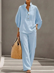 Ruby Fenton | Linen Batwing Sleeve Top and Wide-Leg Pants Set For Women