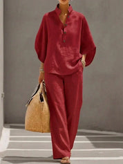 Ruby Fenton | Linen Batwing Sleeve Top and Wide-Leg Pants Set For Women