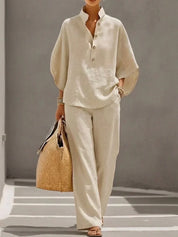 Ruby Fenton | Linen Batwing Sleeve Top and Wide-Leg Pants Set For Women