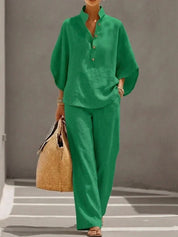 Ruby Fenton | Linen Batwing Sleeve Top and Wide-Leg Pants Set For Women