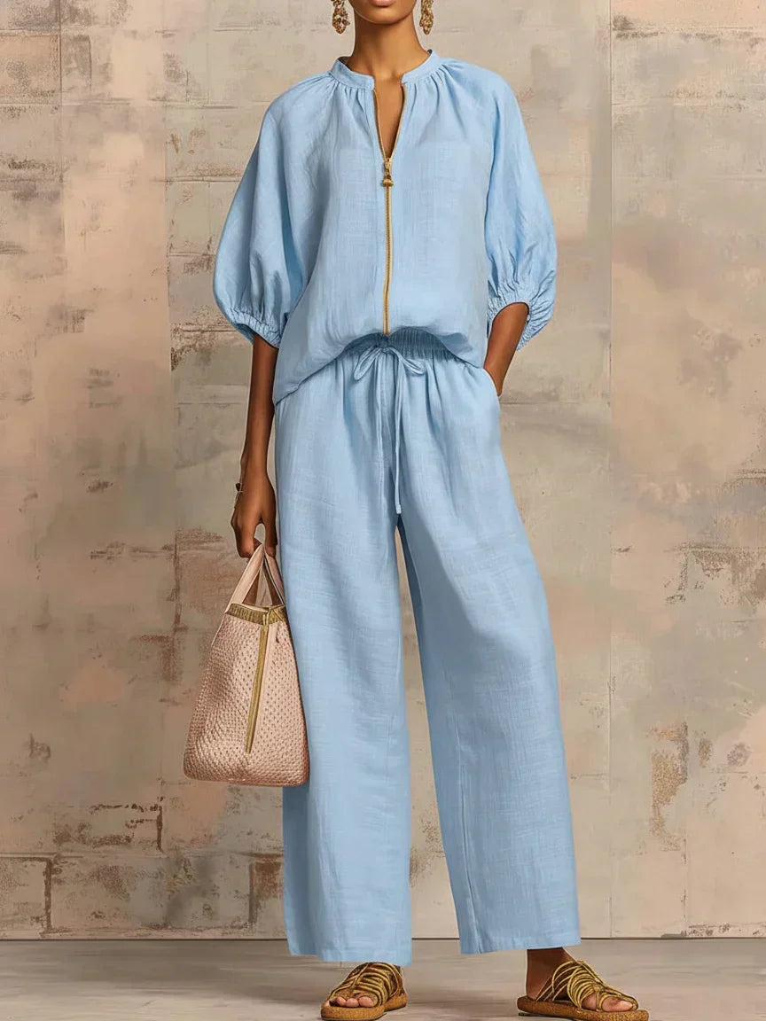 Hannah Castellan | Linen-Blend Shirt and Wide-Leg Pants Co-Ord Set For Women