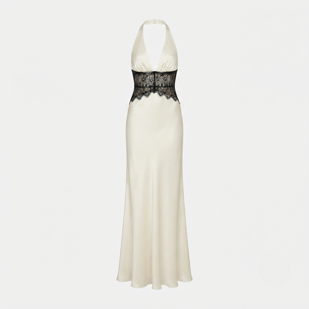 Phoebe Stafford | Halter Neck Satin Maxi Dress with Lace Waist Panel For Women