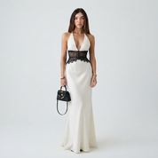Phoebe Stafford | Halter Neck Satin Maxi Dress with Lace Waist Panel For Women