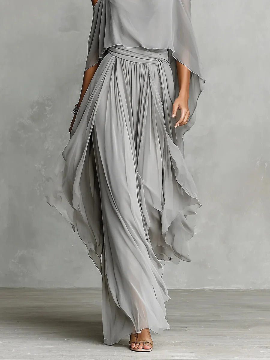 Pippa Elmwood | Grey Chiffon Cold Shoulder Two Piece Set For Women