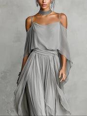 Pippa Elmwood | Grey Chiffon Cold Shoulder Two Piece Set For Women