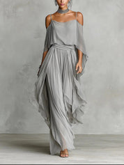 Pippa Elmwood | Grey Chiffon Cold Shoulder Two Piece Set For Women