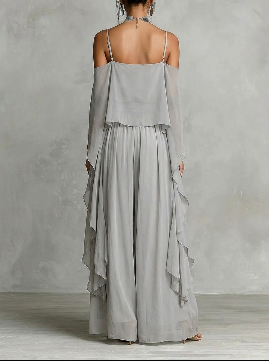 Pippa Elmwood | Grey Chiffon Cold Shoulder Two Piece Set For Women