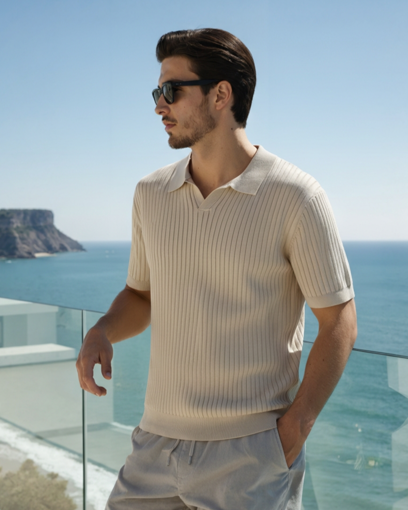 Renzo Bellini | Ribbed Knit Polo Shirt with Coastal Elegance For Men