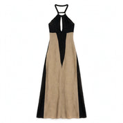 Romy Everham | Black Beige Colour Block Halter Midi Dress For Women