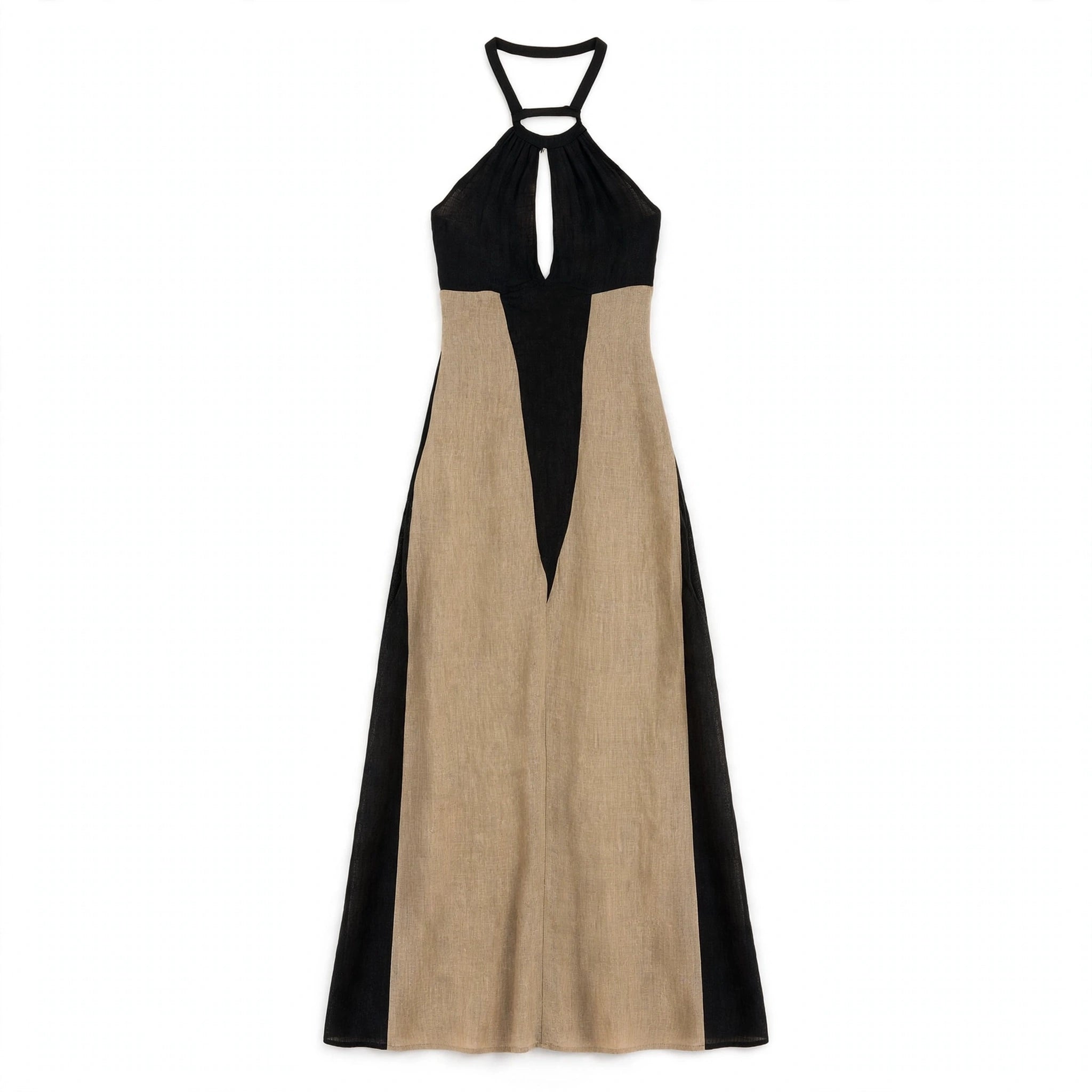 Romy Everham | Black Beige Colour Block Halter Midi Dress For Women