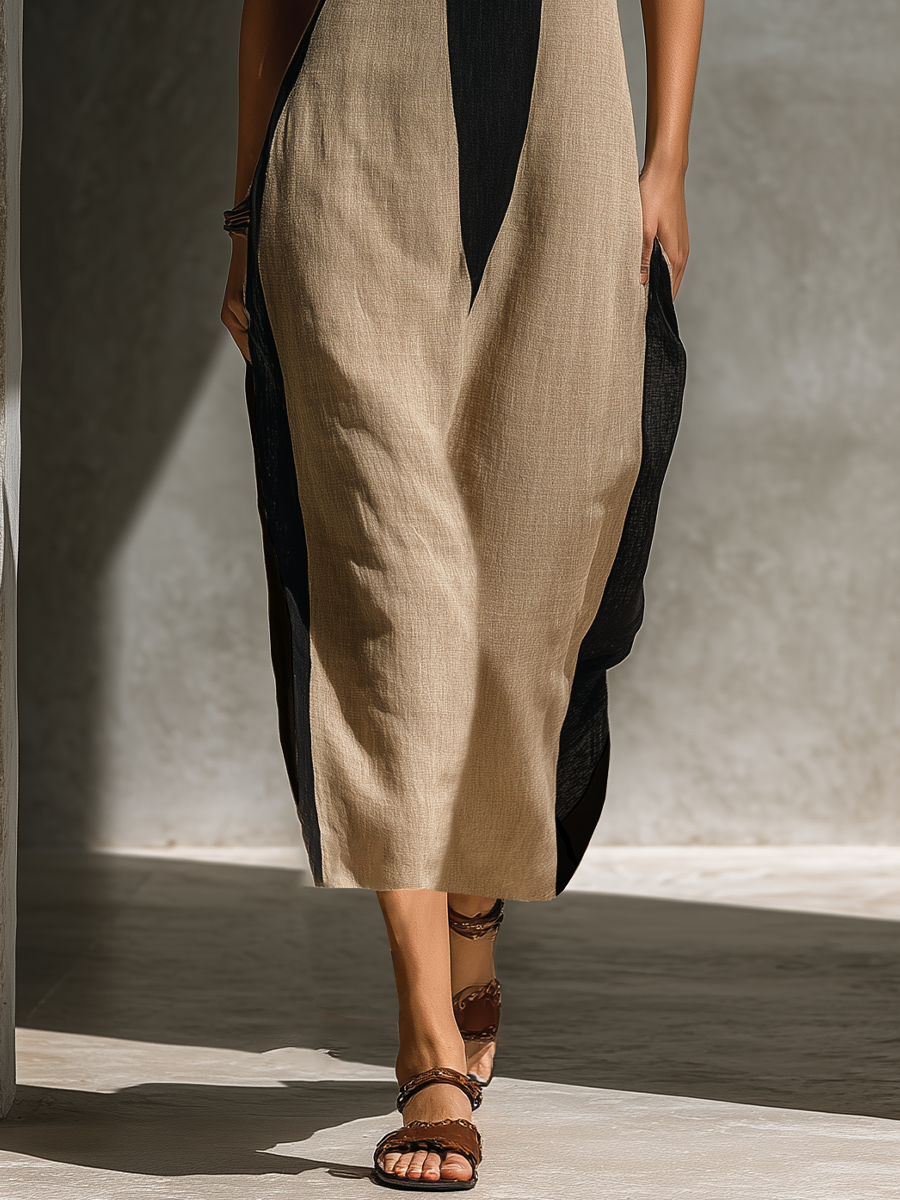 Romy Everham | Black Beige Colour Block Halter Midi Dress For Women