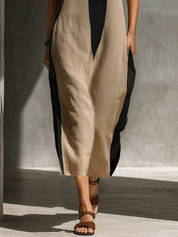Romy Everham | Black Beige Colour Block Halter Midi Dress For Women